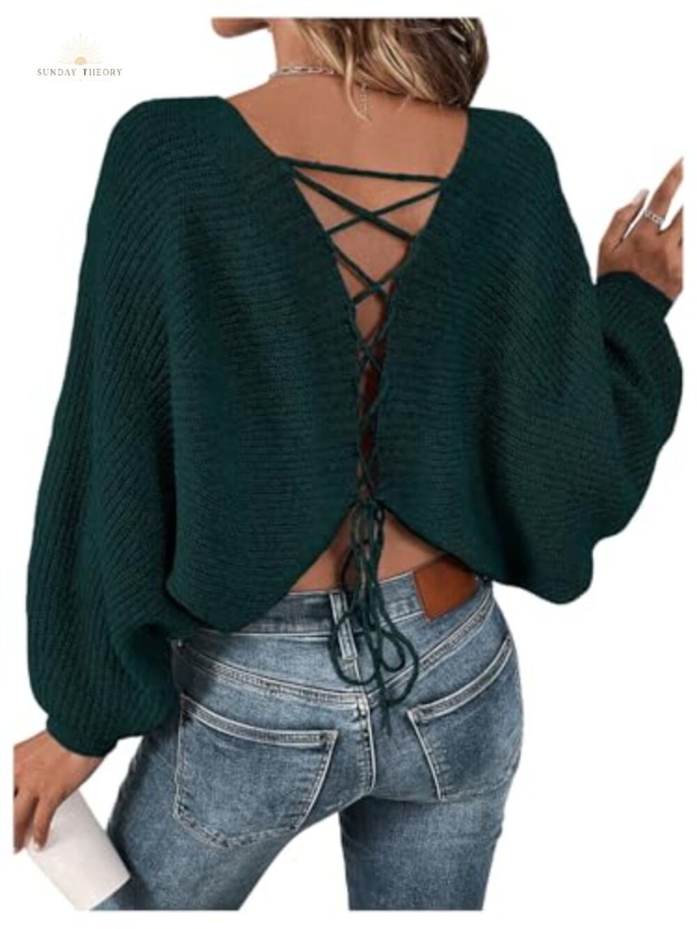 Off Shoulder Lace Up Open Back Knit Sweater Pullover